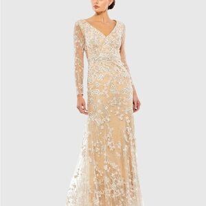 Embroidered Nude Long-Sleeve V-Neck Evening Dress